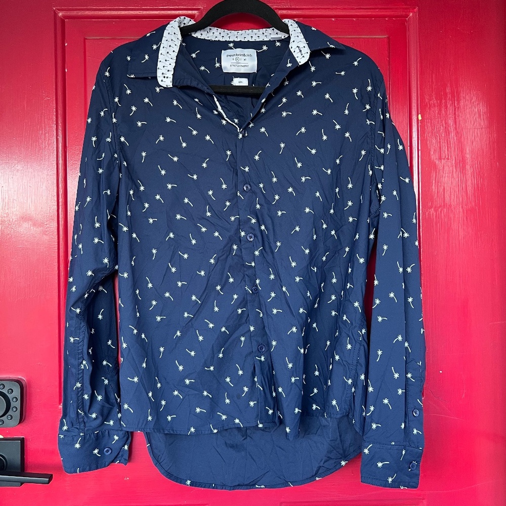 Paper Denim & Cloth Medium Navy Blue Palm Tree Nylon Long Sleeve Button Up